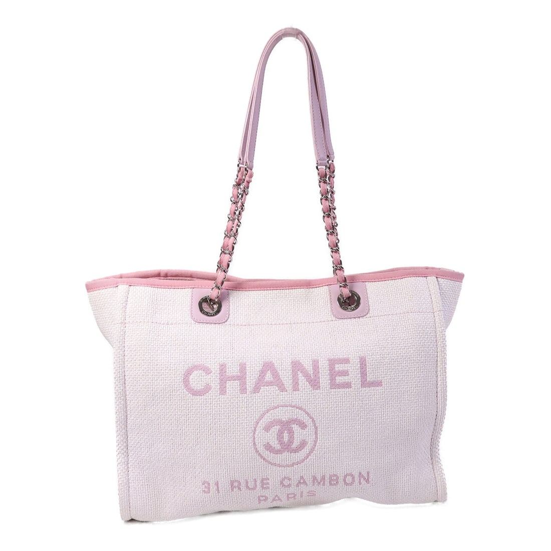 Chanel Deauville Medium Tote: White and pink canvas tote bag.