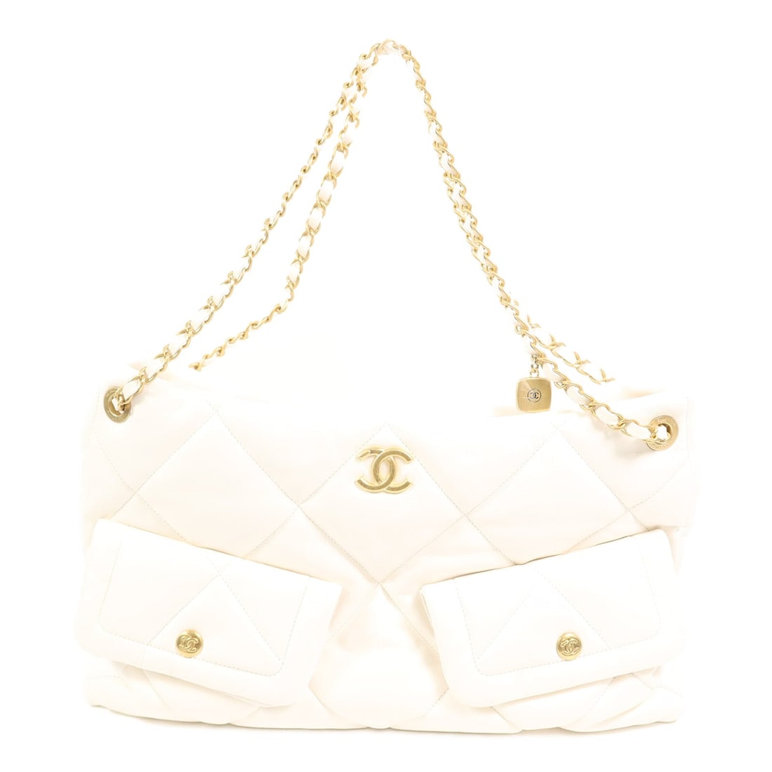Chanel 25K Hobo White: White lambskin 25K hobo chain shoulder bag with gold-tone hardware.