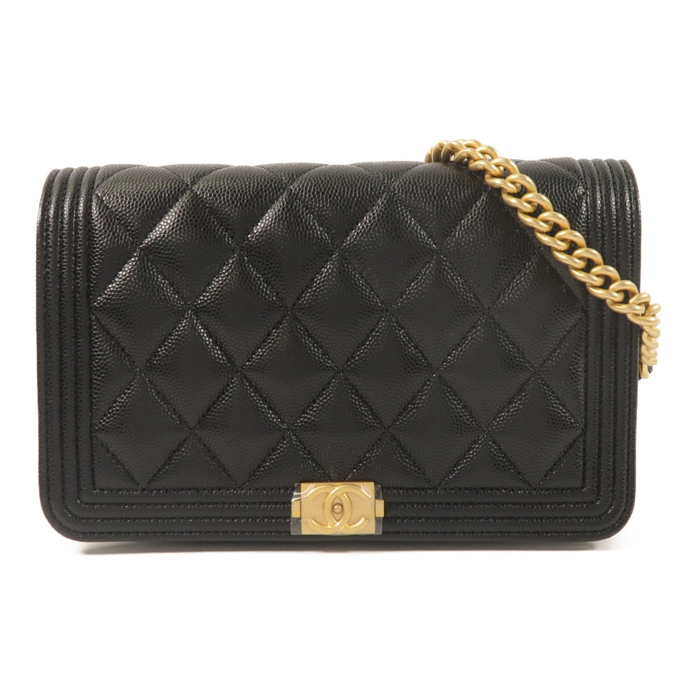 Chanel Boy WOC Black: Black calfskin Boy wallet on chain with gold-tone hardware.