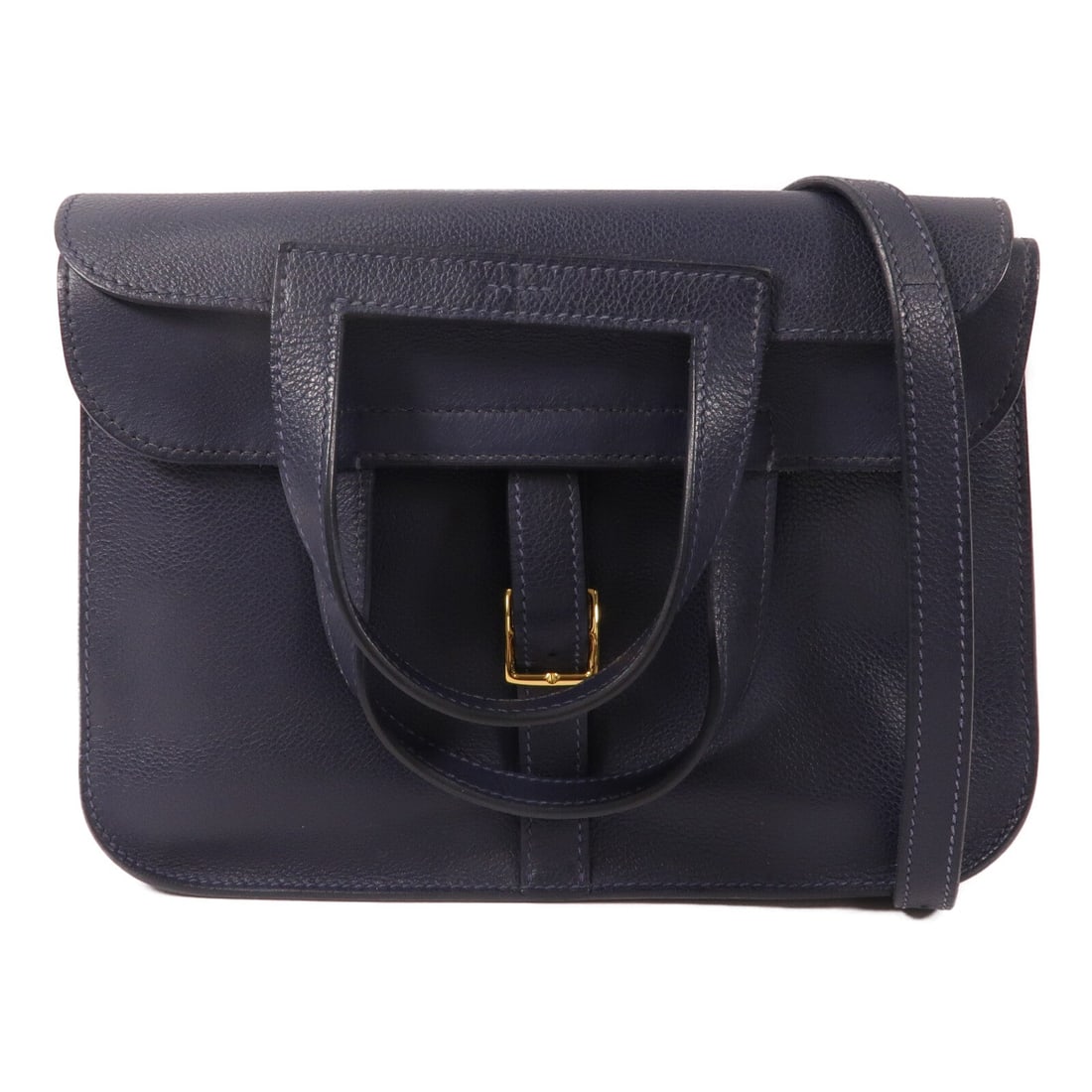 Hermes Halzan 25 Bleu Nuit: Bleu Nuit Evercolor leather 2-way shoulder bag with gold-tone hardware.