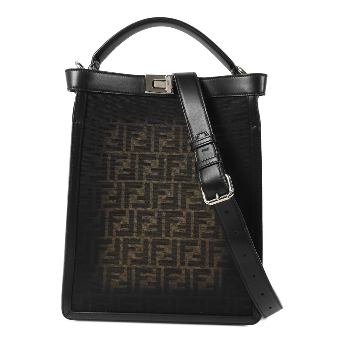 Fendi Peekaboo X-Lite Small: Peekaboo X-Lite Small 2 way shoulder bag in black and brown coated canvas. Includes shoulder strap. Size 27 x 33.5 x 9 cm.