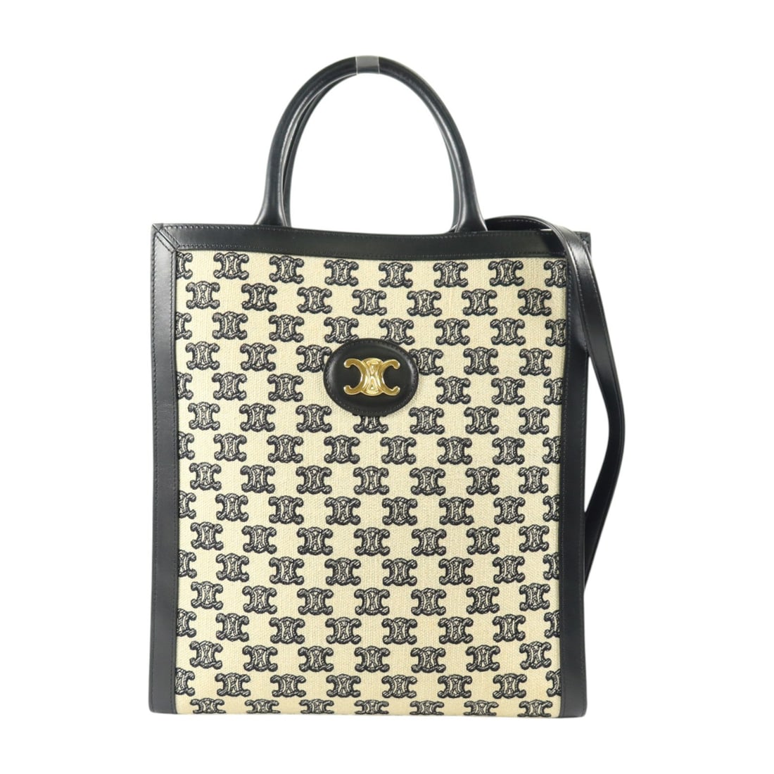 Celine Small Vertical Cabas Beige: Small Vertical Cabas handbag shoulder bag in beige and black Triomphe canvas. Includes storage bags and shoulder strap. Size 28.3 x 31.5 x 7.3 cm.