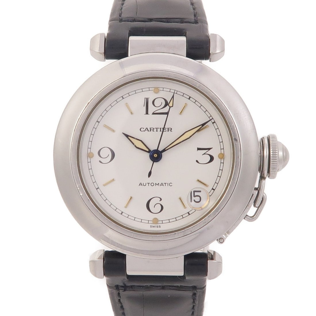 Cartier Pasha C W31015M7 Auto White: Automatic Pasha C W31015M7 in stainless steel with white dial. Case 35mm, max wrist 17cm, band 16-18mm. Includes storage box and guarantee.