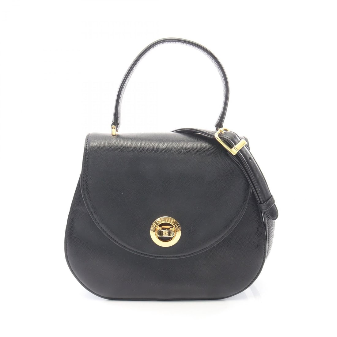 Givenchy Turn Lock 2Way Handbag Black: Black leather 2 way handbag with turn lock closure and shoulder strap; 18 x 18 x 7 cm.