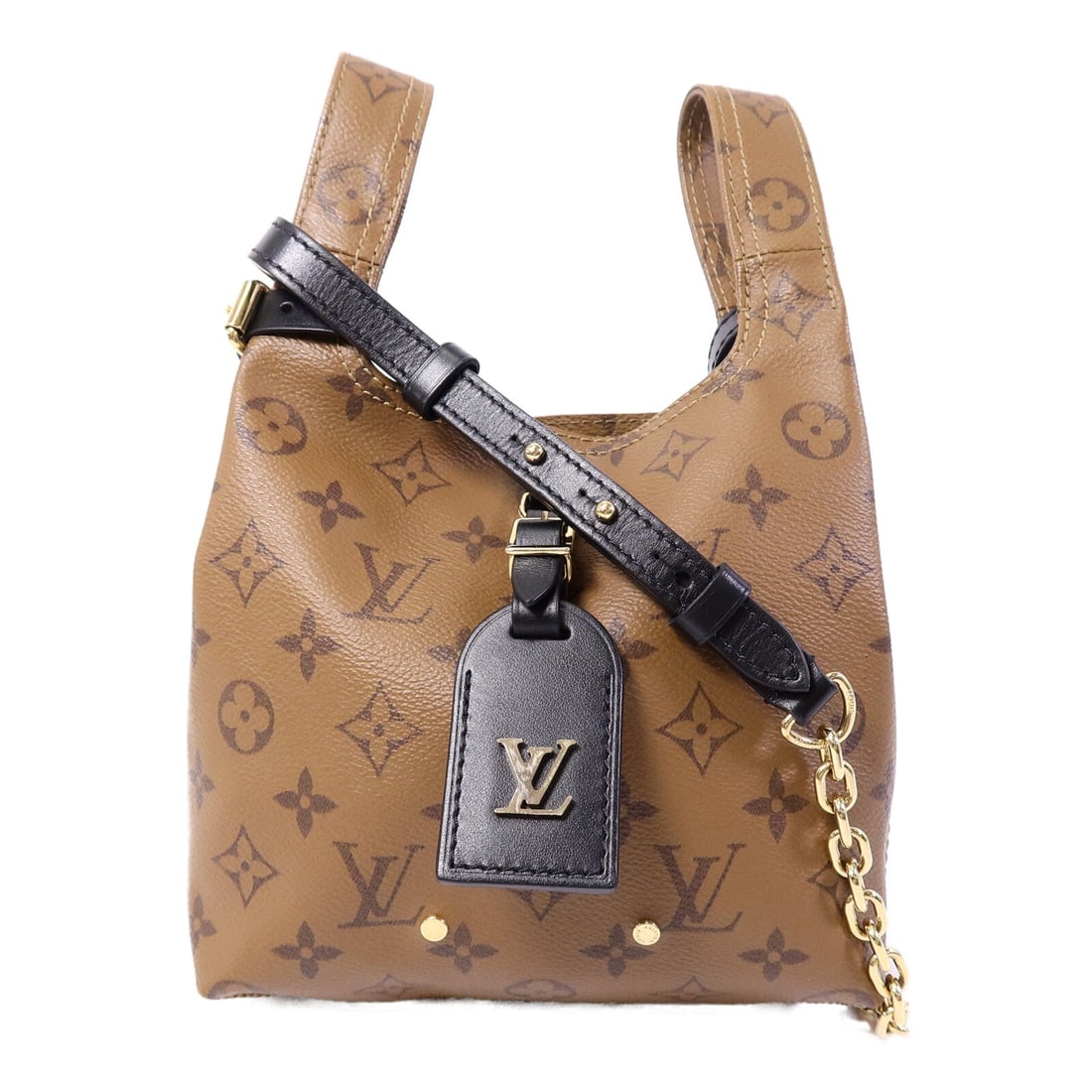 Louis Vuitton Atlantis BB Brown: Atlantis BB 2 way shoulder bag M46816 in Monogram Reverse coated canvas with gold hardware; includes storage bags, shoulder strap, and name tag; 19 x 17.5 x 7 cm.