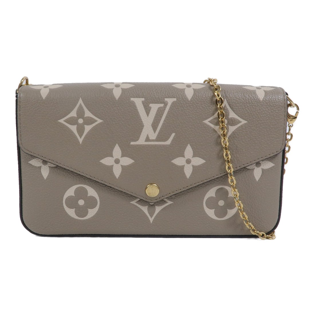 Louis Vuitton Pochette Felicie Khaki: Pochette Felicie shoulder bag M69977 in khaki Monogram Empreinte calfskin with gold hardware; includes box, storage bags, shoulder strap, and pouch; 21 x 11.5 x 3 cm.