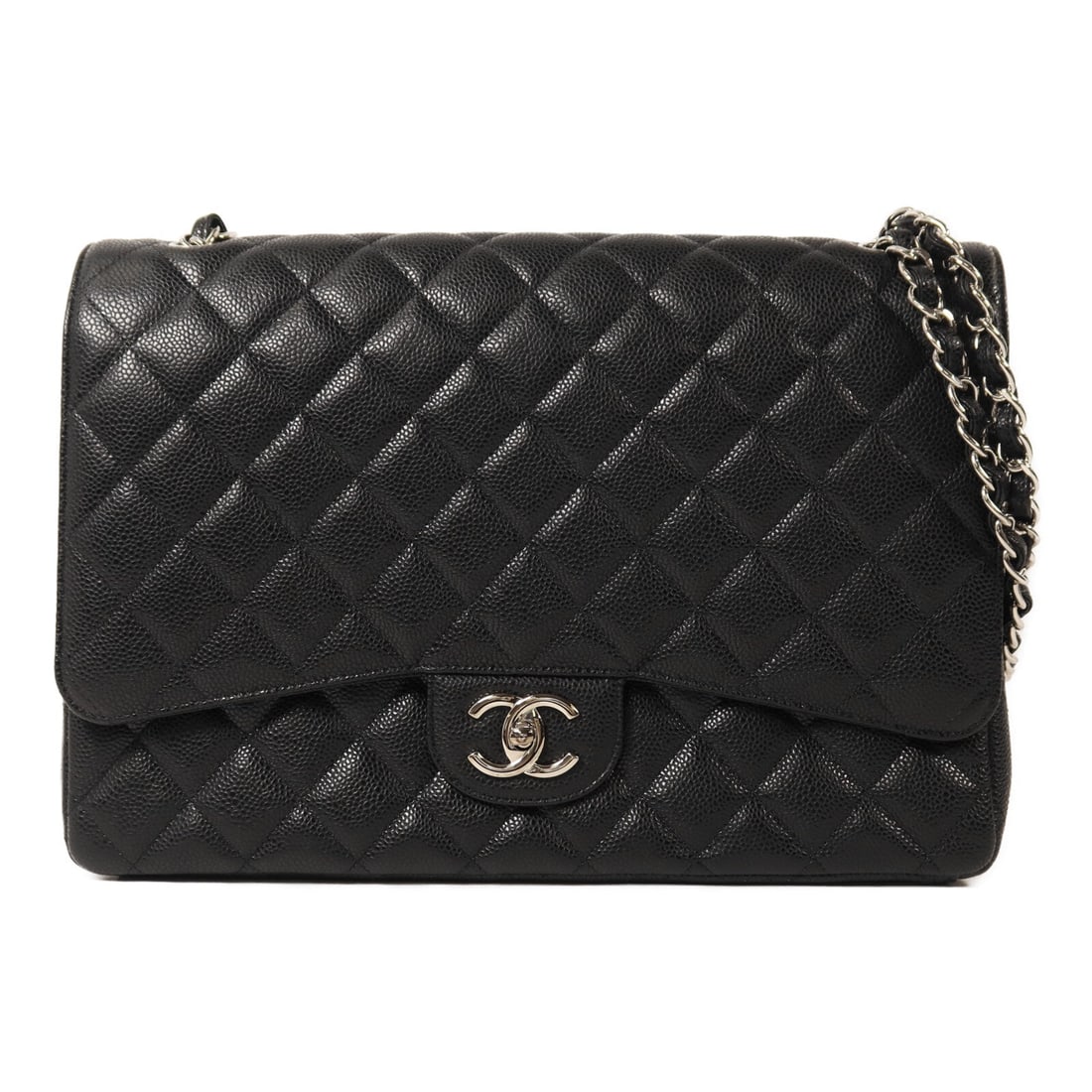 Chanel Maxi Classic Black: Maxi Classic chain shoulder bag A58600 in black calfskin with silver hardware; includes box, storage bags, hologram sticker, and guarantee; 33 x 23 x 10 cm.