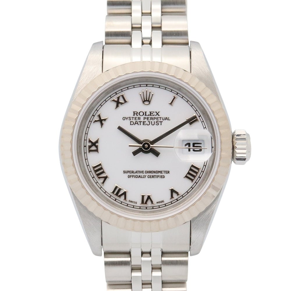 Rolex Datejust Automatic Watch: White Roman dial automatic watch in 18K white gold and stainless steel. 16cm arm width.