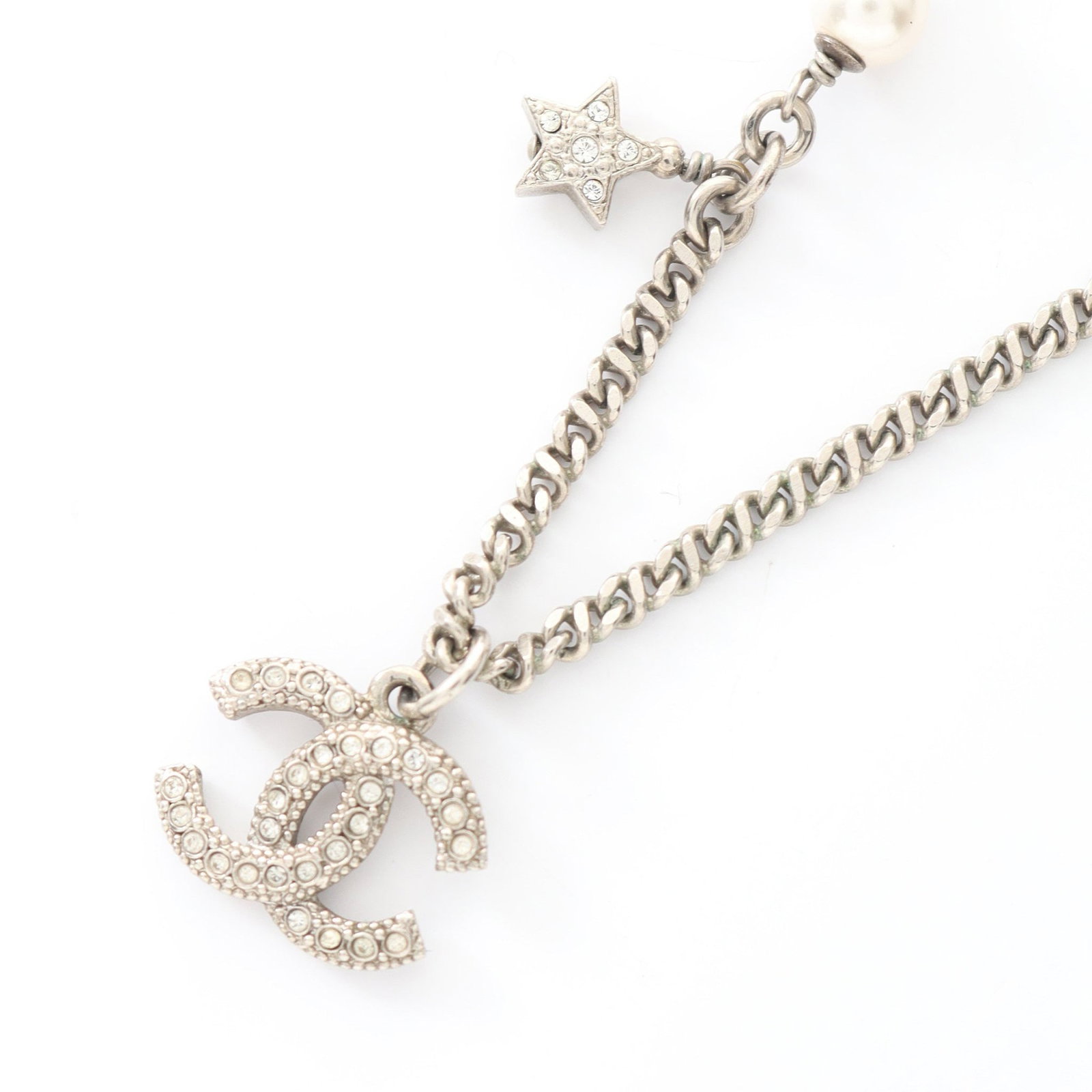 Chanel Pearl Rhinestone Necklace: Necklace in gold tone with fake pearl and clear rhinestones.