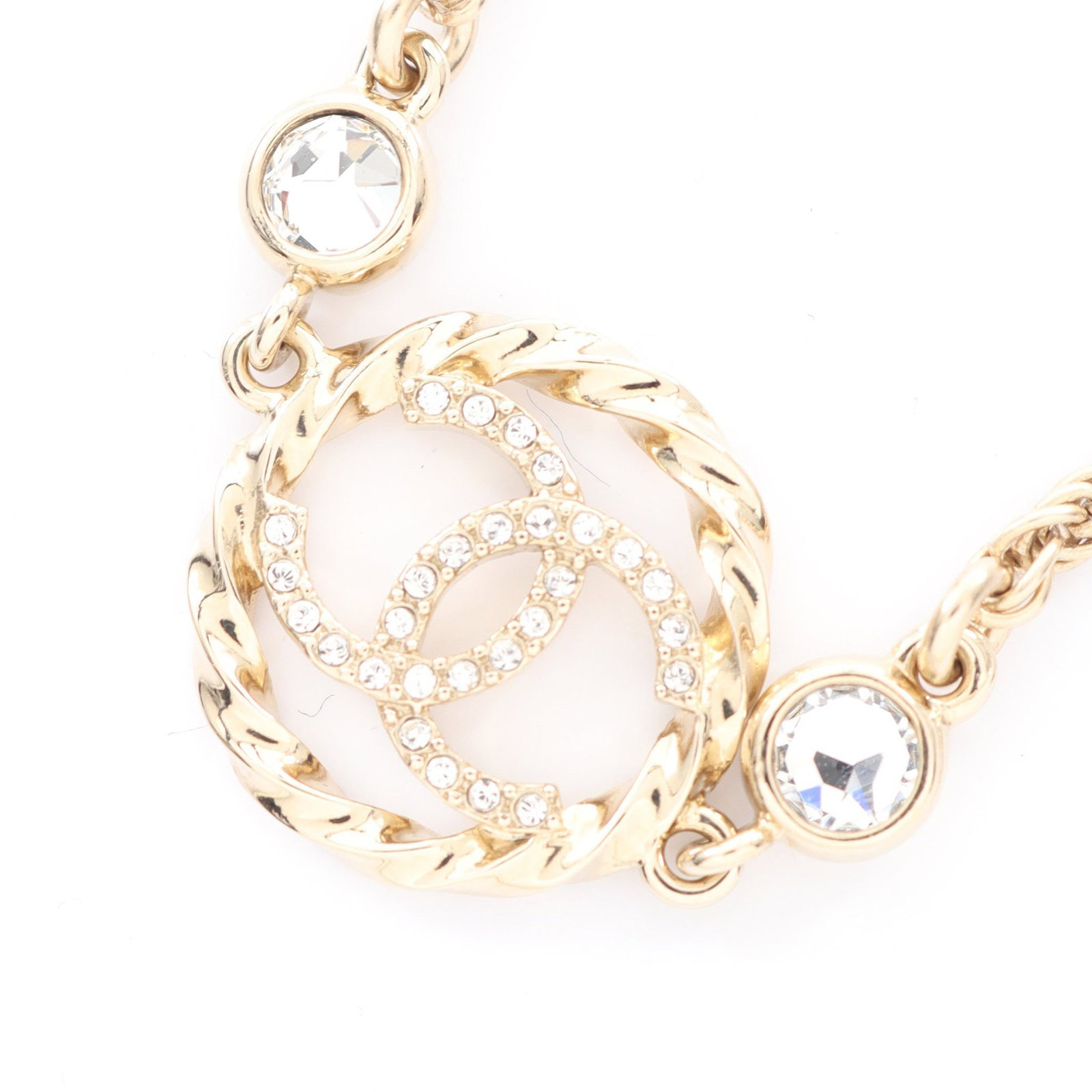 Chanel Coco Mark Rhinestone Gold: Coco Mark necklace in gold tone with clear rhinestones.