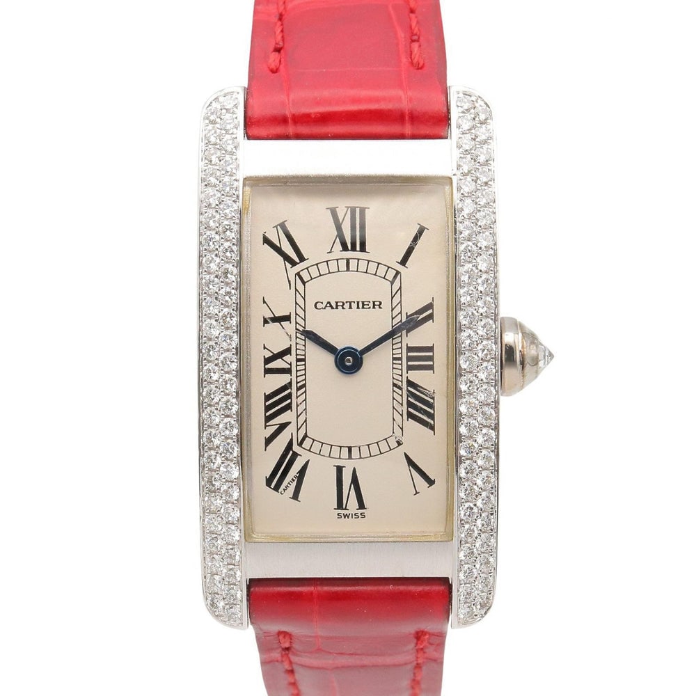 Cartier Tank Americaine WB701851 Diamond: Quartz Tank American SM WB701851 in K18 white gold with diamond sides and crocodile leather. Case 34.5x19mm, max wrist 14.5cm.