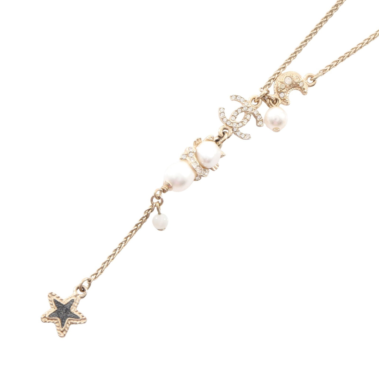 Chanel Coco Mark Pearl Necklace: Coco Mark necklace in gold tone with fake pearl and rhinestone.