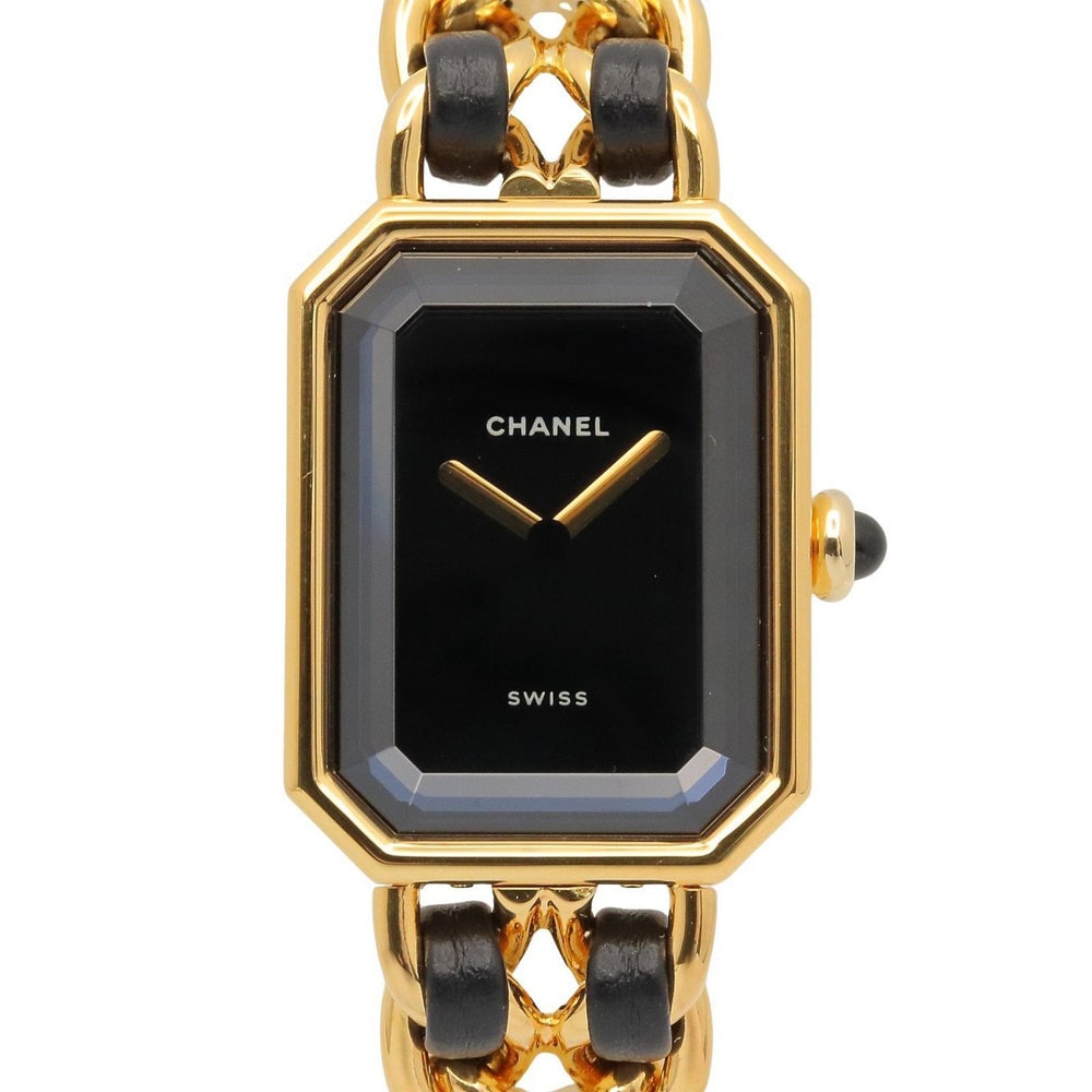 Chanel Premiere M Quartz Gold Plated Black: Quartz Premiere M H0001 with gold plated case and black leather. Case 26x20mm, max wrist 14.5cm.