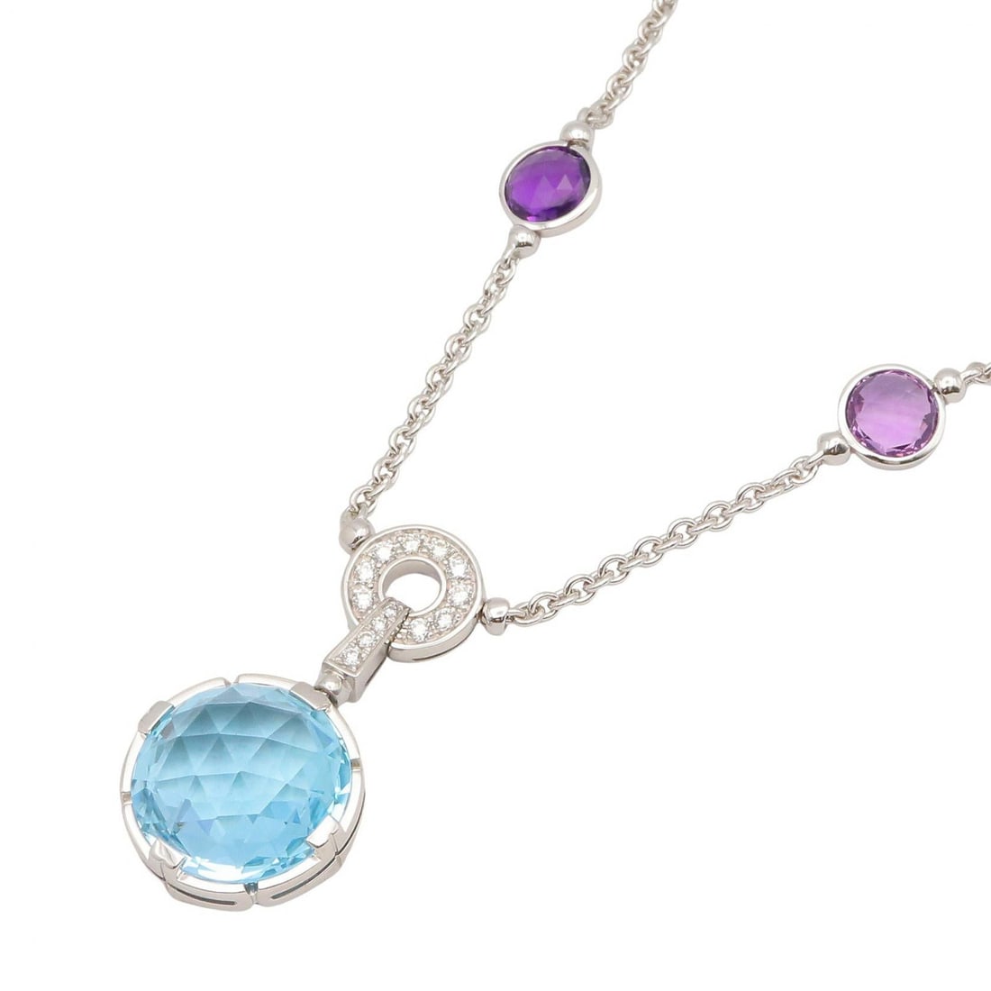 Bvlgari Parentesi Cocktail Necklace: Parentesi Cocktail necklace in K18 white gold with amethyst blue topaz and diamond.