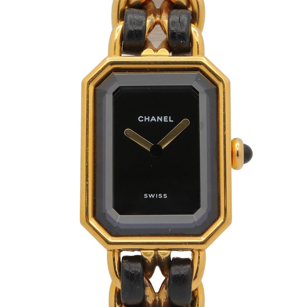 Chanel Premiere L Quartz Gold Plated Black: Quartz Premiere L H0001 with gold plated case and black leather. Case 26x20mm, max wrist 16.5cm.