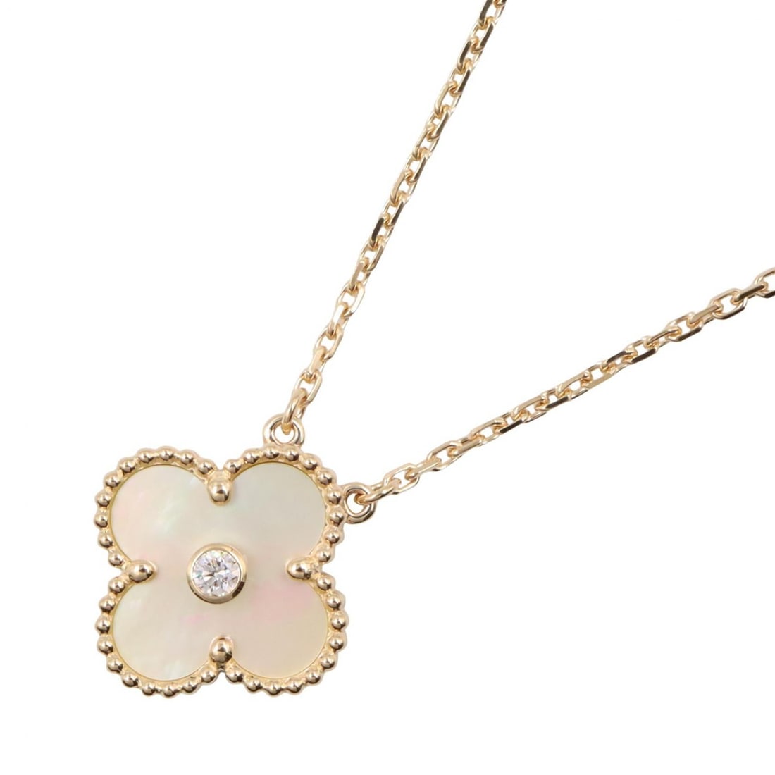 VCA Vintage Alhambra MOP 1PD YG: Vintage Alhambra necklace in K18 yellow gold with mother of pearl and 1 diamond.