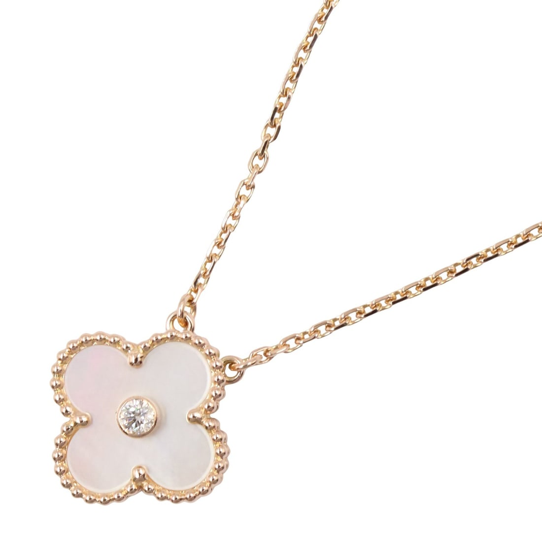VCA Vintage Alhambra MOP 1PD PG: Vintage Alhambra necklace in K18 pink gold with mother of pearl and 1 diamond.