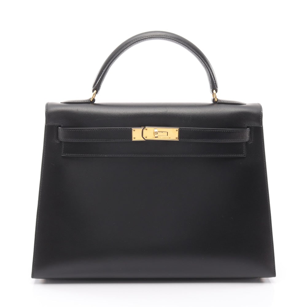 Hermes Kelly 32 Box Black: Black box calf outside sewing 2-way handbag with gold-tone hardware.