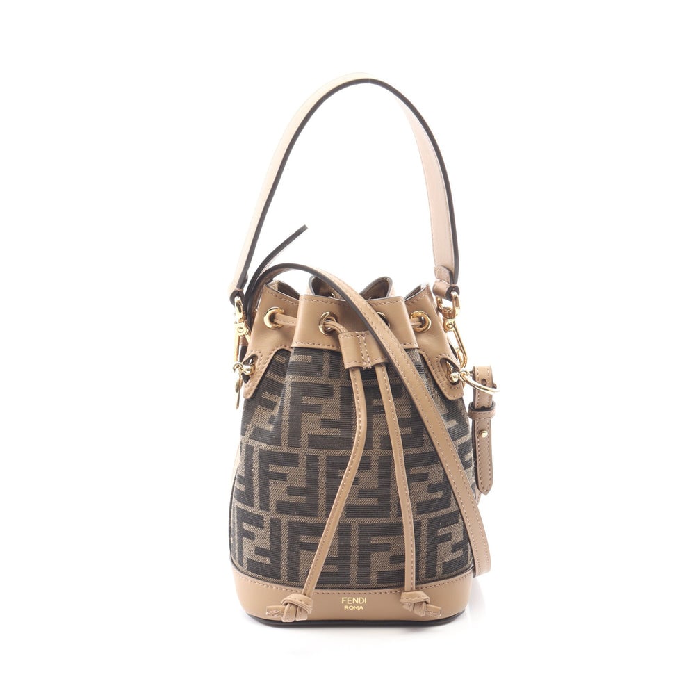 Fendi Mini Mon Tresor 2 Way: Brown gray beige canvas leather 2 way handbag.