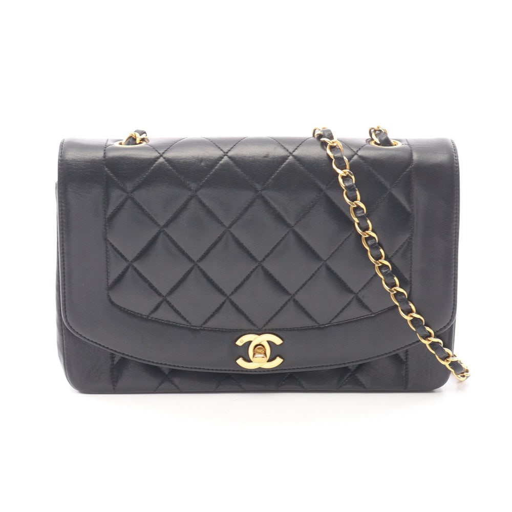 Chanel Diana Flap Black: Black lambskin Diana flap chain shoulder bag with gold-tone hardware.