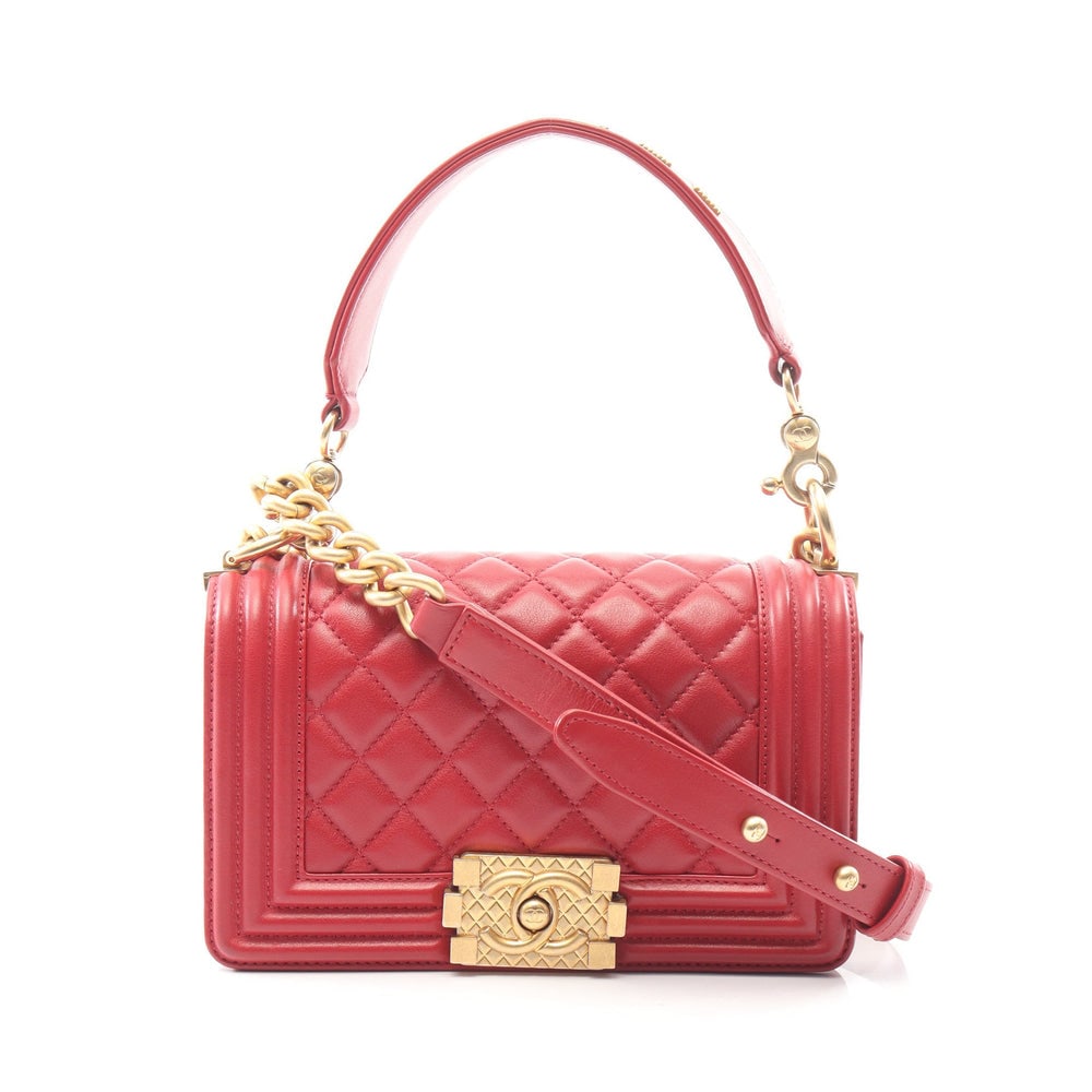 Chanel Boy Small Red: Red lambskin Boy Chanel small 2-way chain shoulder bag with hand strap.