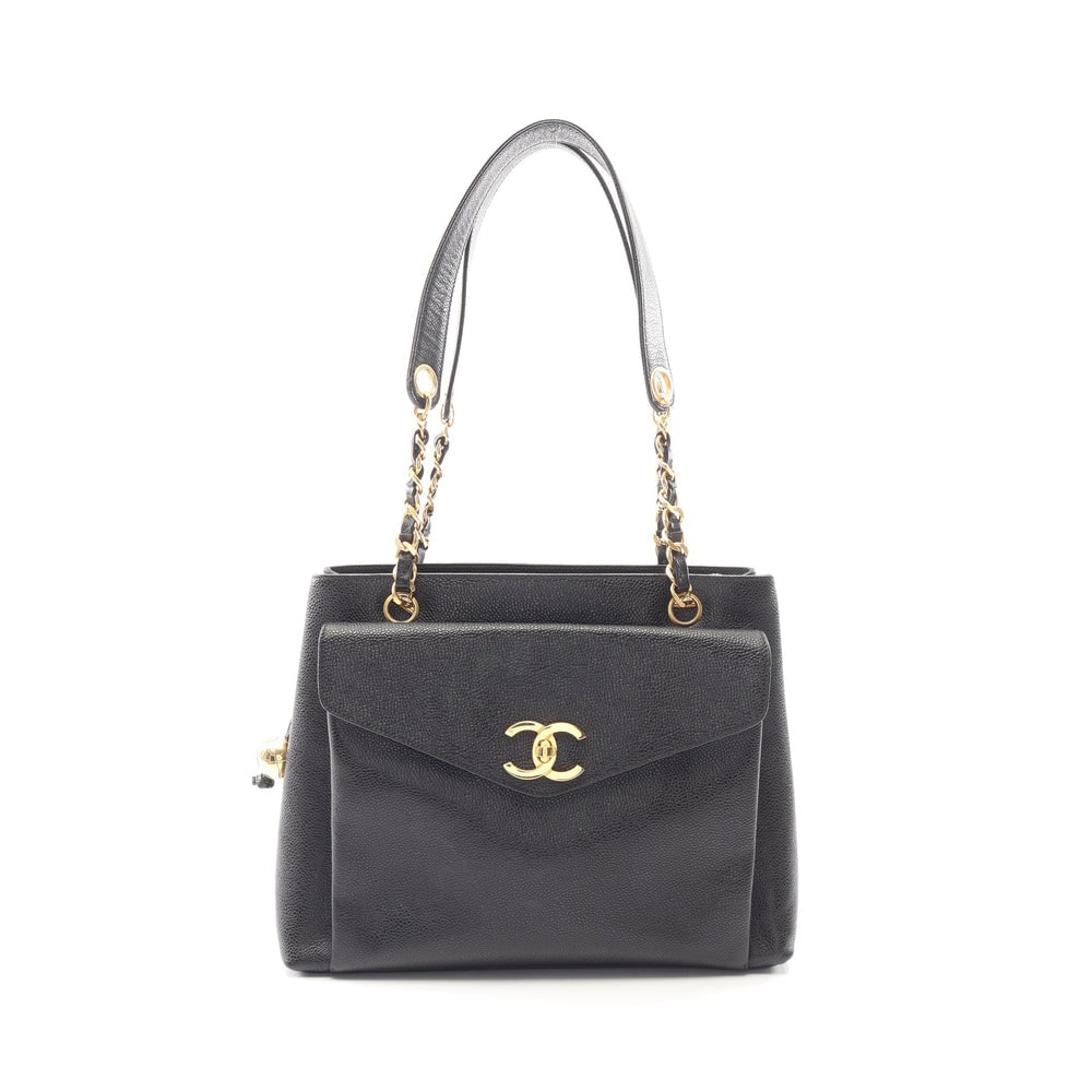 Chanel Coco Mark Chain Tote: Black caviar skin chain tote bag.