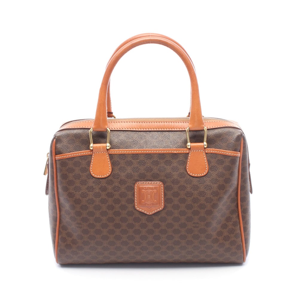 Celine Macadam Mini Boston Brown: Macadam mini boston in dark brown PVC and leather. Size 30 x 21 x 13 cm. Handle 41 cm.