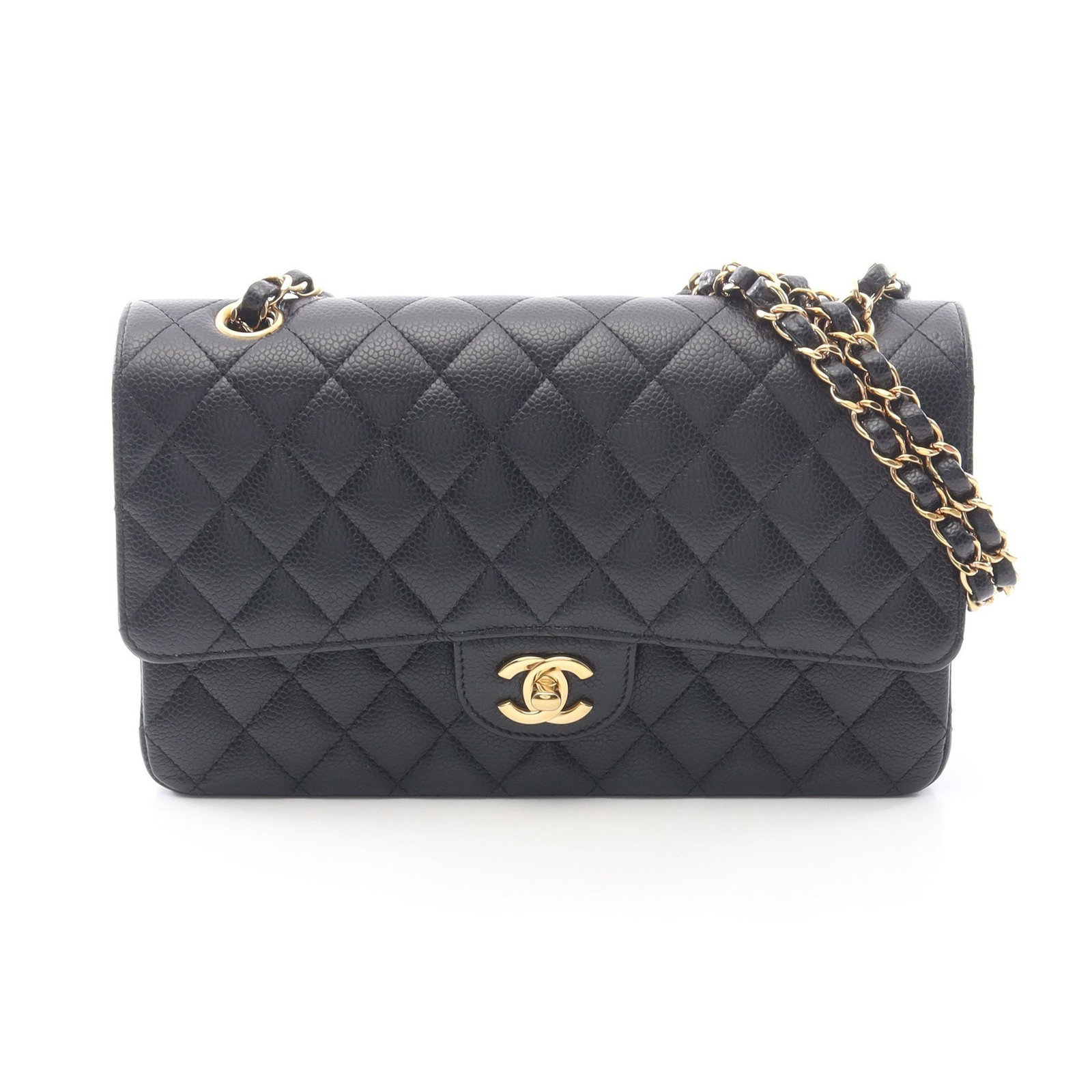 Chanel Double Flap Black Caviar: Black caviar skin double flap chain shoulder bag with gold-tone hardware.