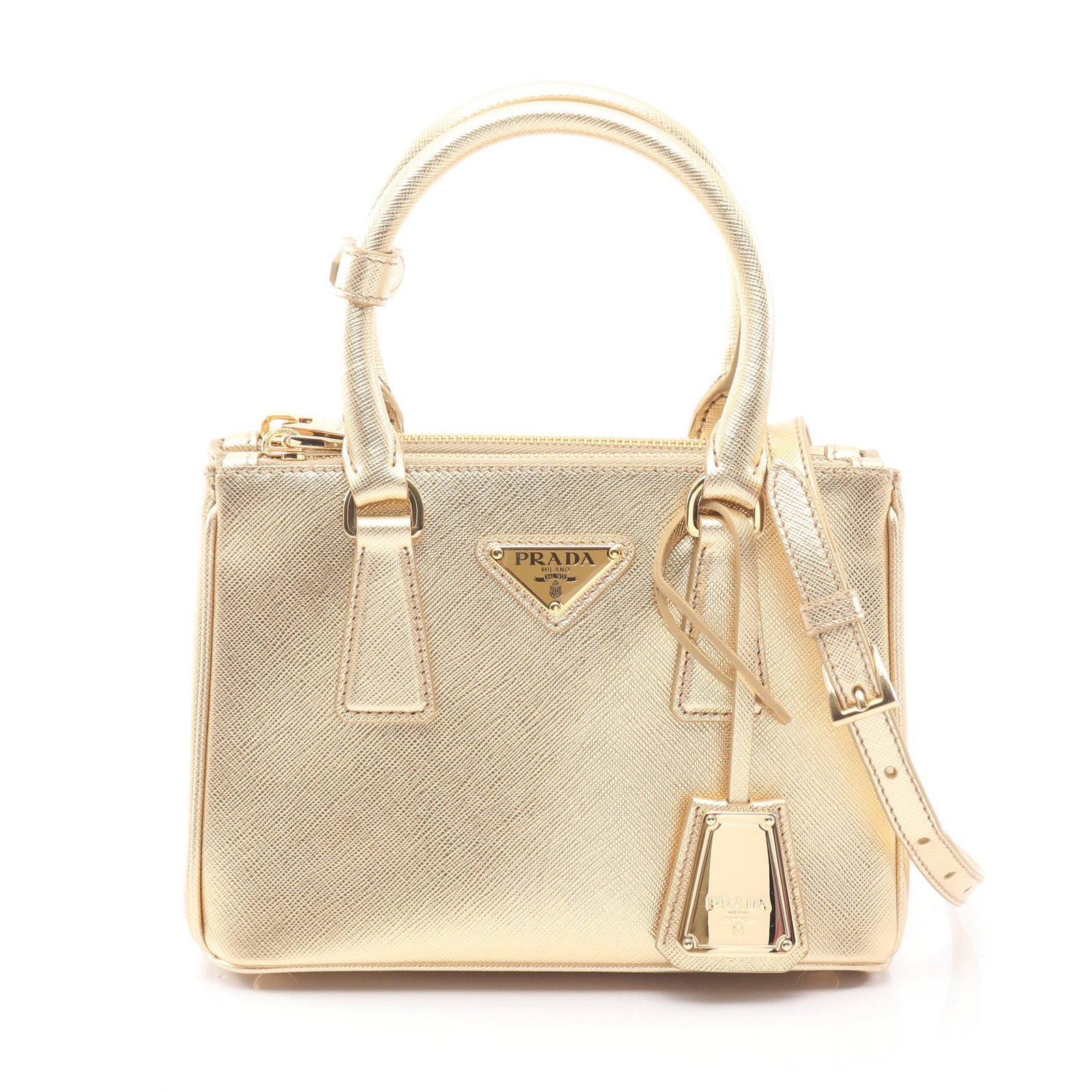 Prada Galleria Saffiano Lux: Gold saffiano leather 2 way handbag.