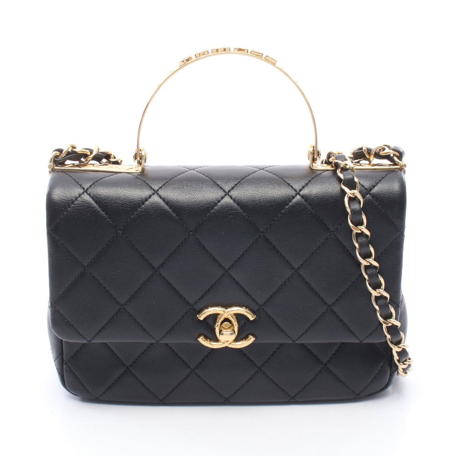 Chanel Top Handle 2-Way Black: Black lambskin top handle 2-way chain shoulder bag with gold-tone hardware.