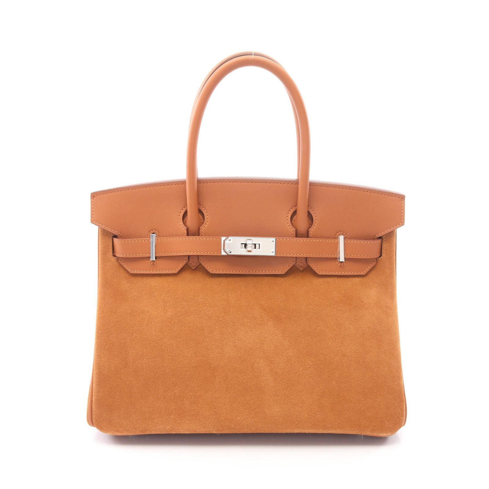 Hermes Birkin 30 Gold: Brown Swift suede leather handbag with silver-tone hardware.