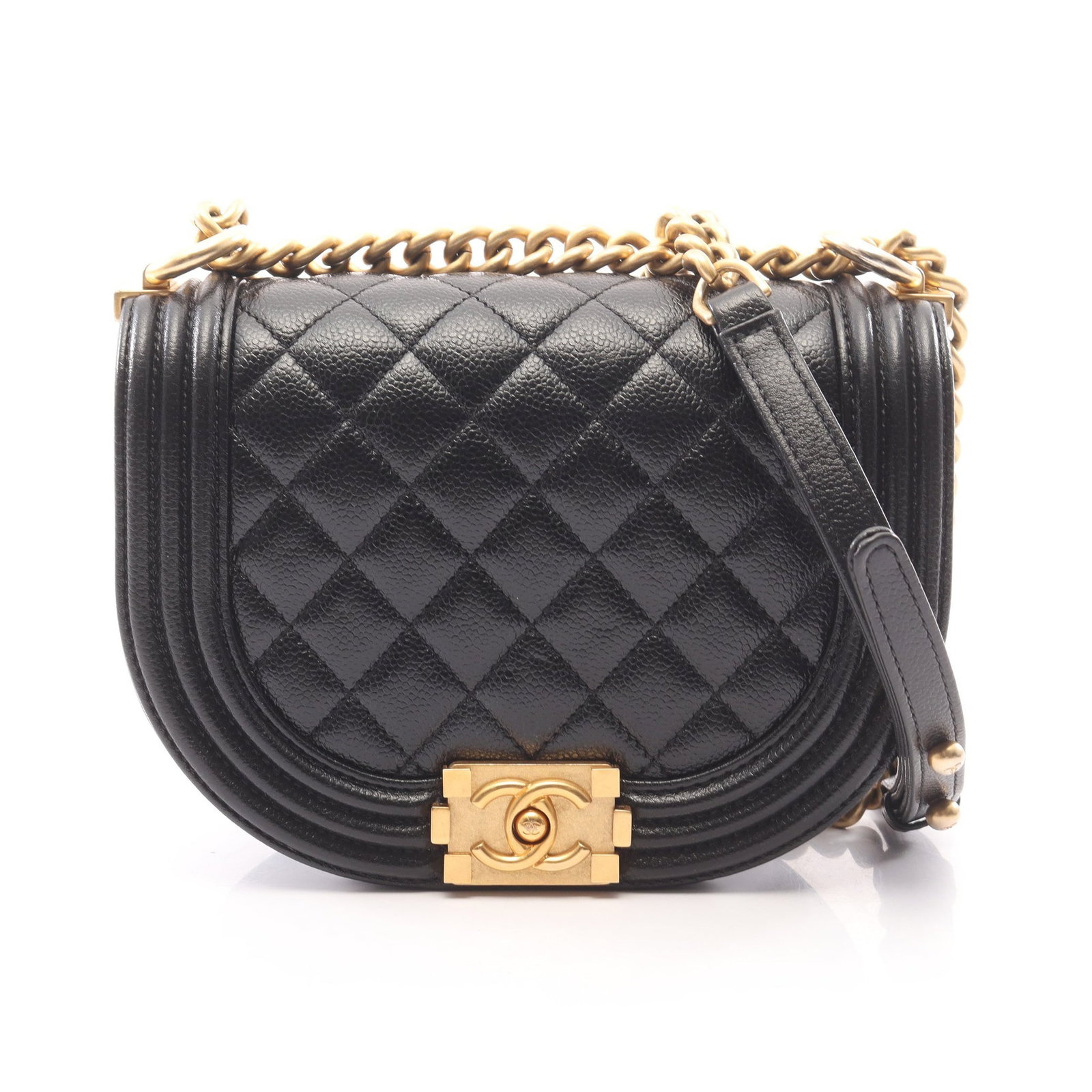 Chanel Boy Small Black Caviar: Black caviar skin small Boy Chanel chain shoulder bag with gold-tone hardware.