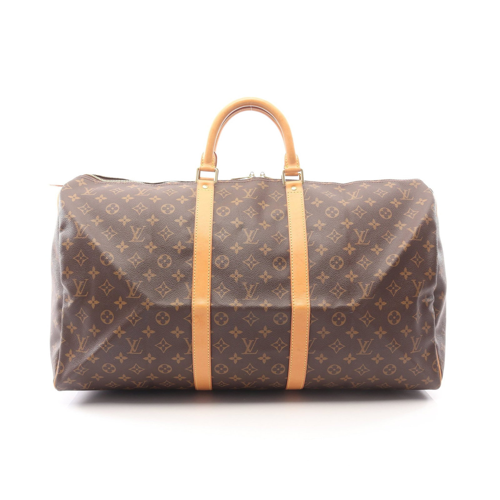 LV Keepall 55 Monogram Boston: Monogram Boston bag in brown PVC and leather. Size 56 x 30 x 25 cm. Handle 34 cm.
