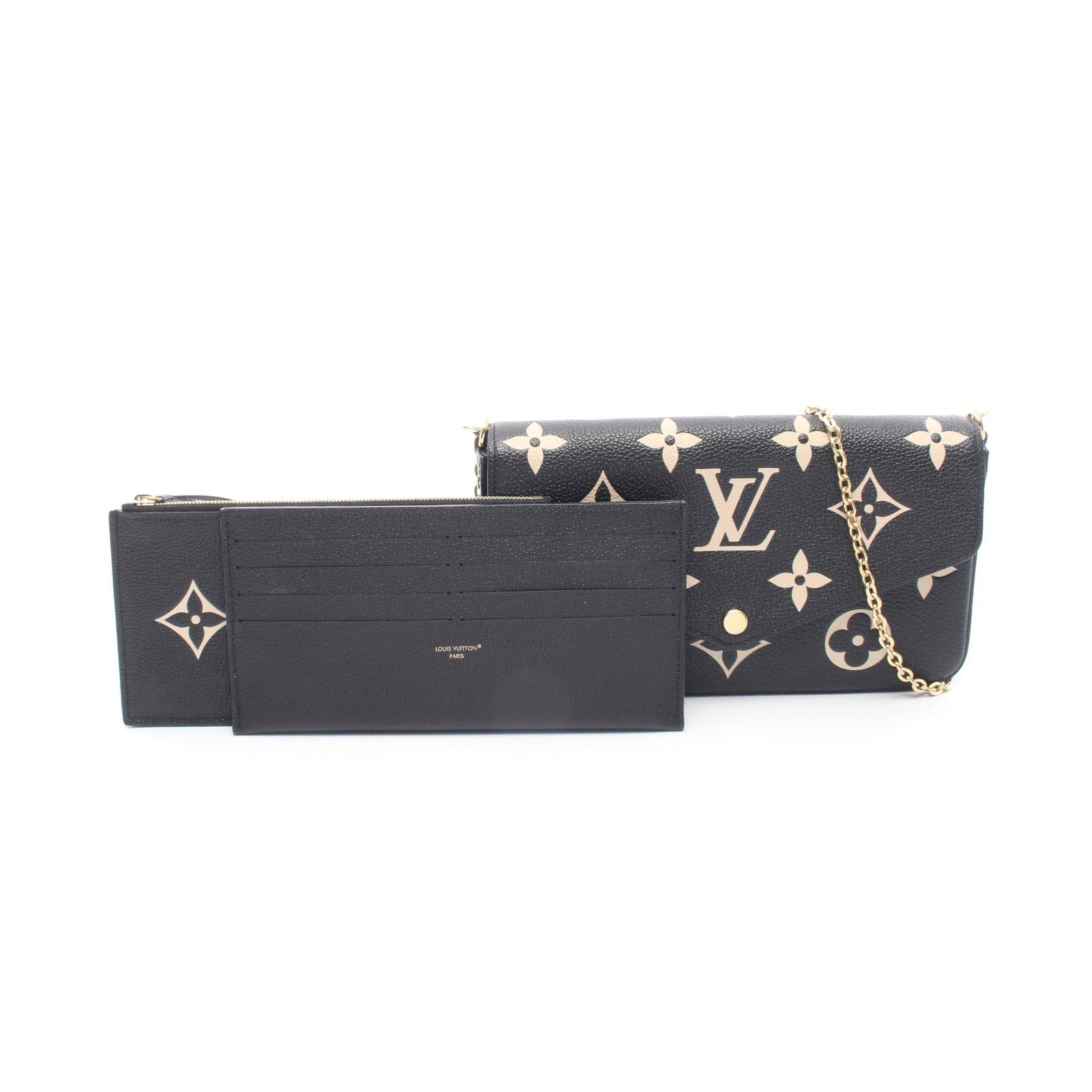 LV Felicie Bicolor Empreinte: Pochette Felicie chain wallet in black and beige bicolor Monogram Empreinte leather. Includes coin purse and card case. Size 21 x 12.5 x 3 cm.