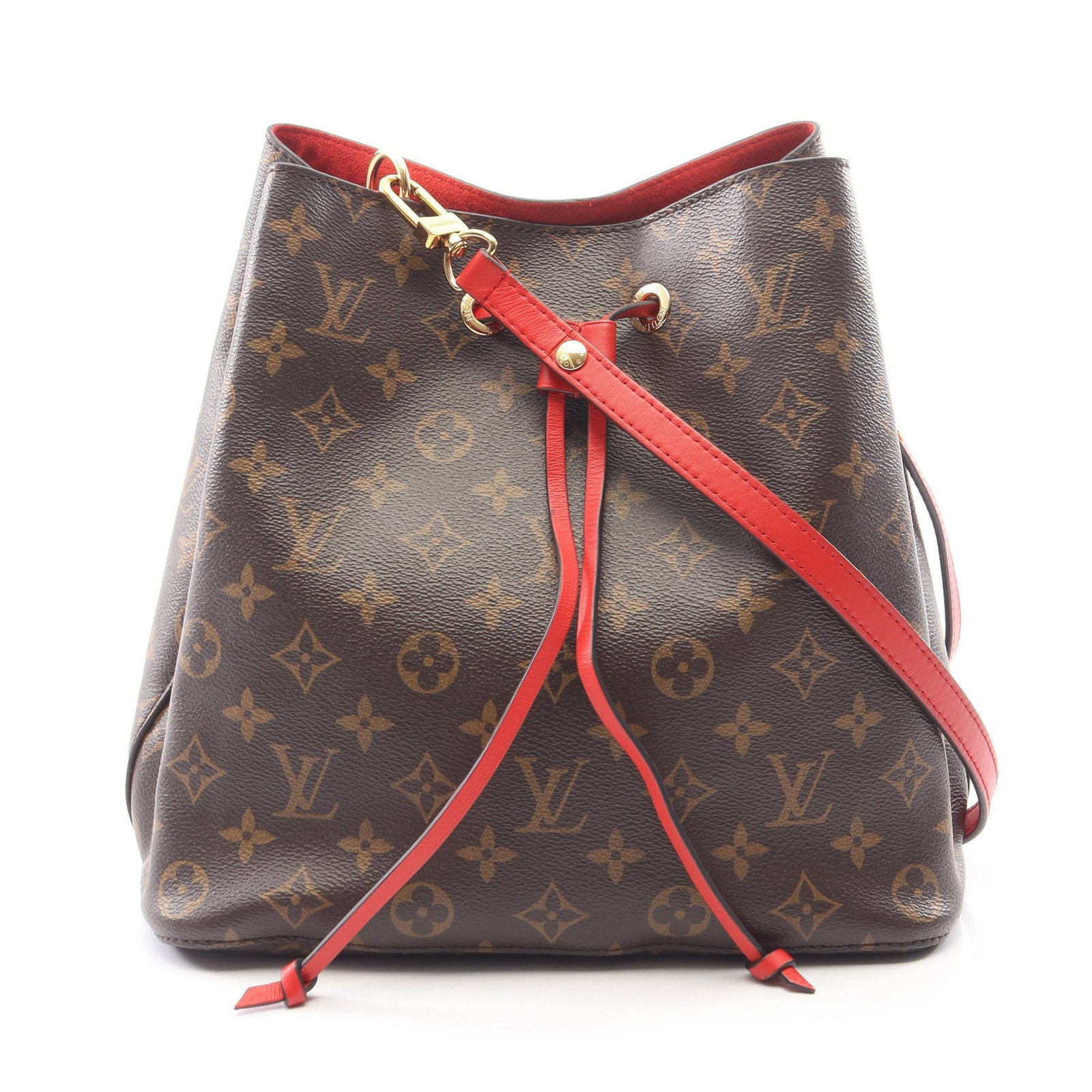 Louis Vuitton NeoNoe Coquelicot: Brown and red monogram shoulder bag.