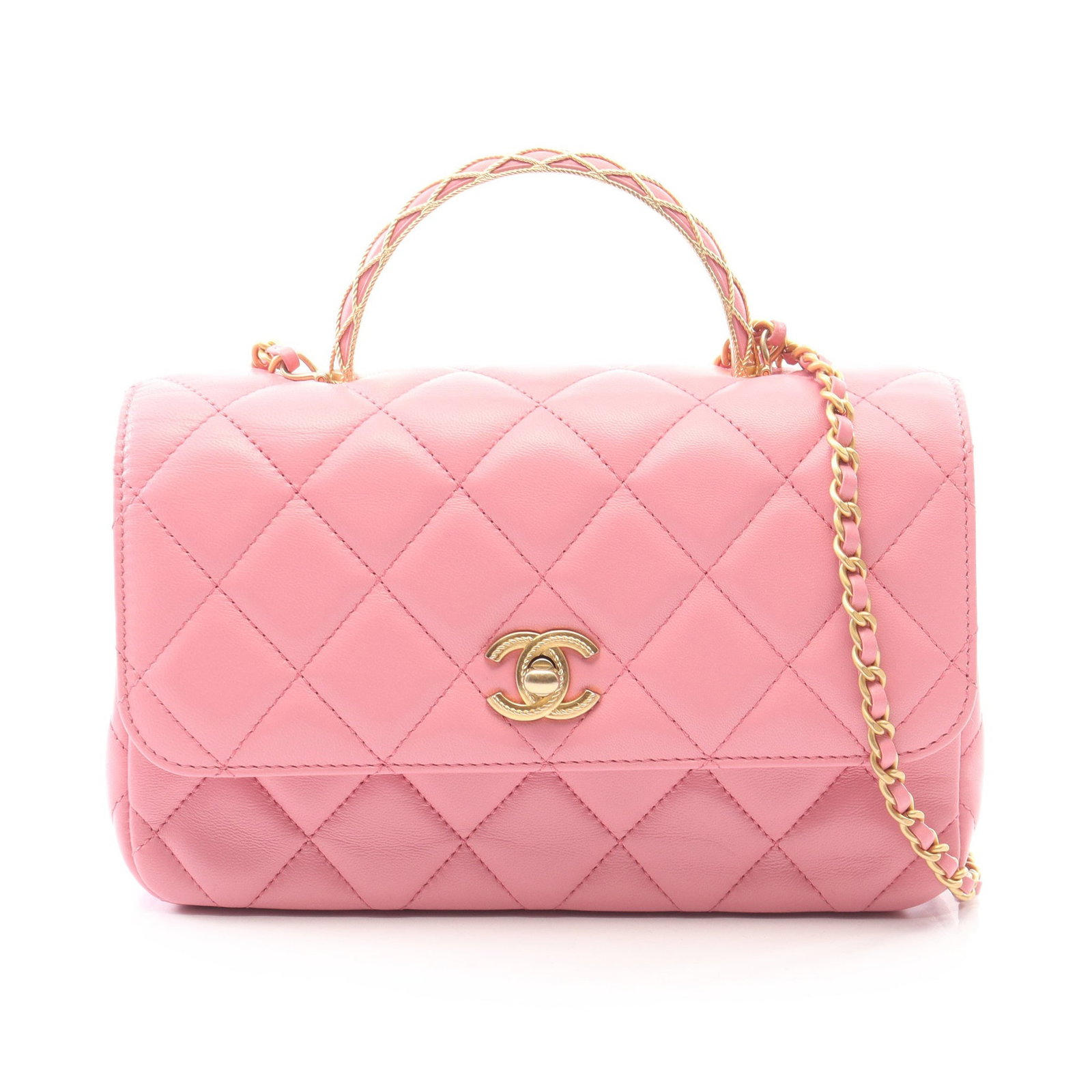 Chanel Top Handle Flap Pink: Pink lambskin top handle flap 2-way chain shoulder bag.