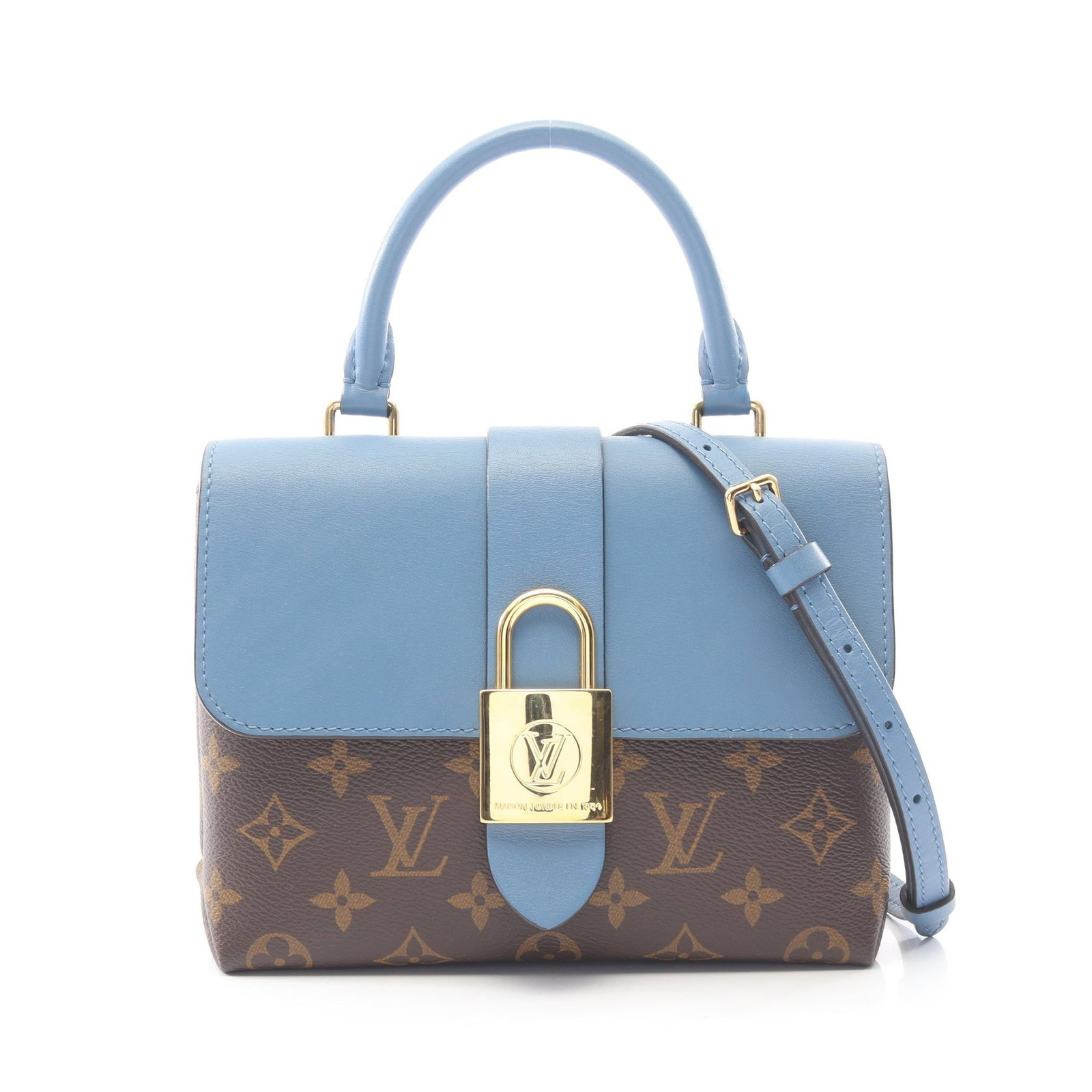 LV Rocky BB Blue Jean: Rocky BB 2 way handbag in brown, blue, and gray PVC and leather. Includes shoulder strap. Size 20 x 15 x 7.5 cm.