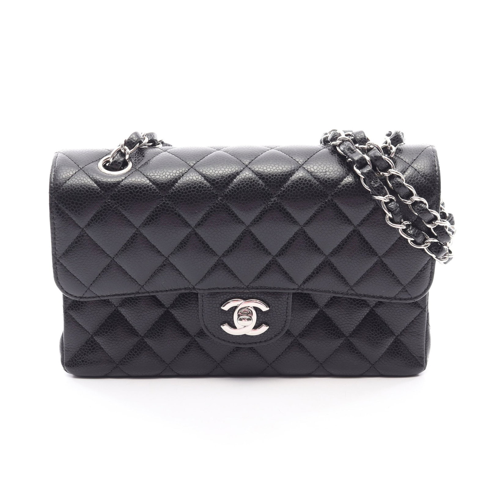 Chanel Double Flap Black Caviar: Black caviar skin double flap chain shoulder bag with silver-tone hardware.