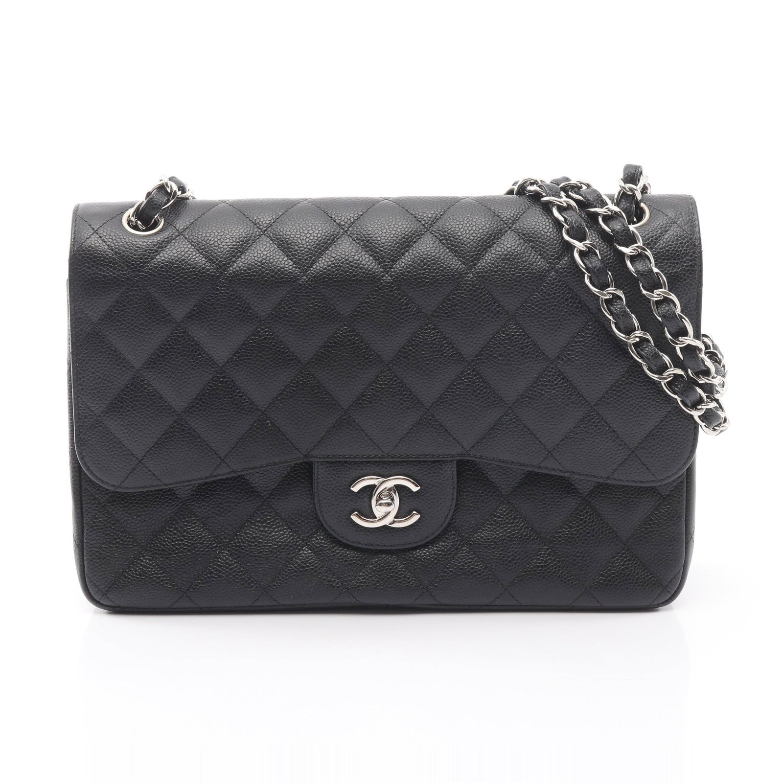 Chanel Deca 30 Black Caviar: Black caviar skin Deca Matelasse large double flap chain shoulder bag.