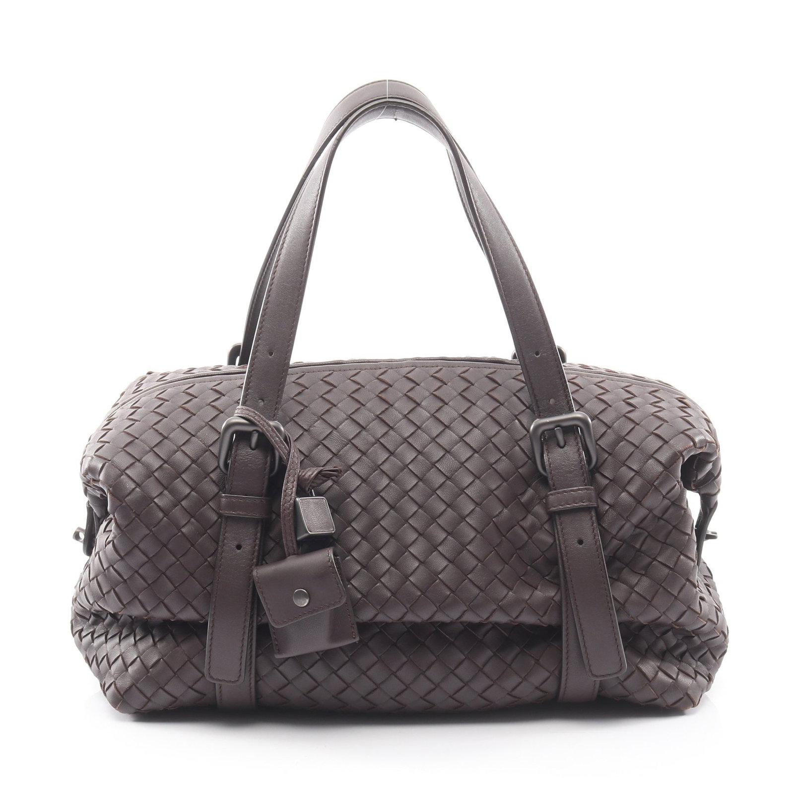 Bottega Montaigne Mini Boston: Intrecciato Montaigne mini boston in dark brown leather. Includes padlock, key, crochet, and mirror. Size 30 x 19 x 15.5 cm.
