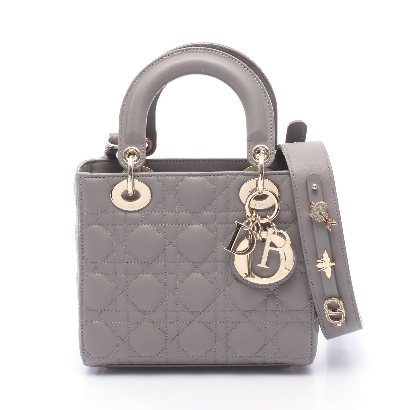 Dior Lady Dior Small Gray: Gray leather Lady Dior small 2-way handbag with shoulder strap.