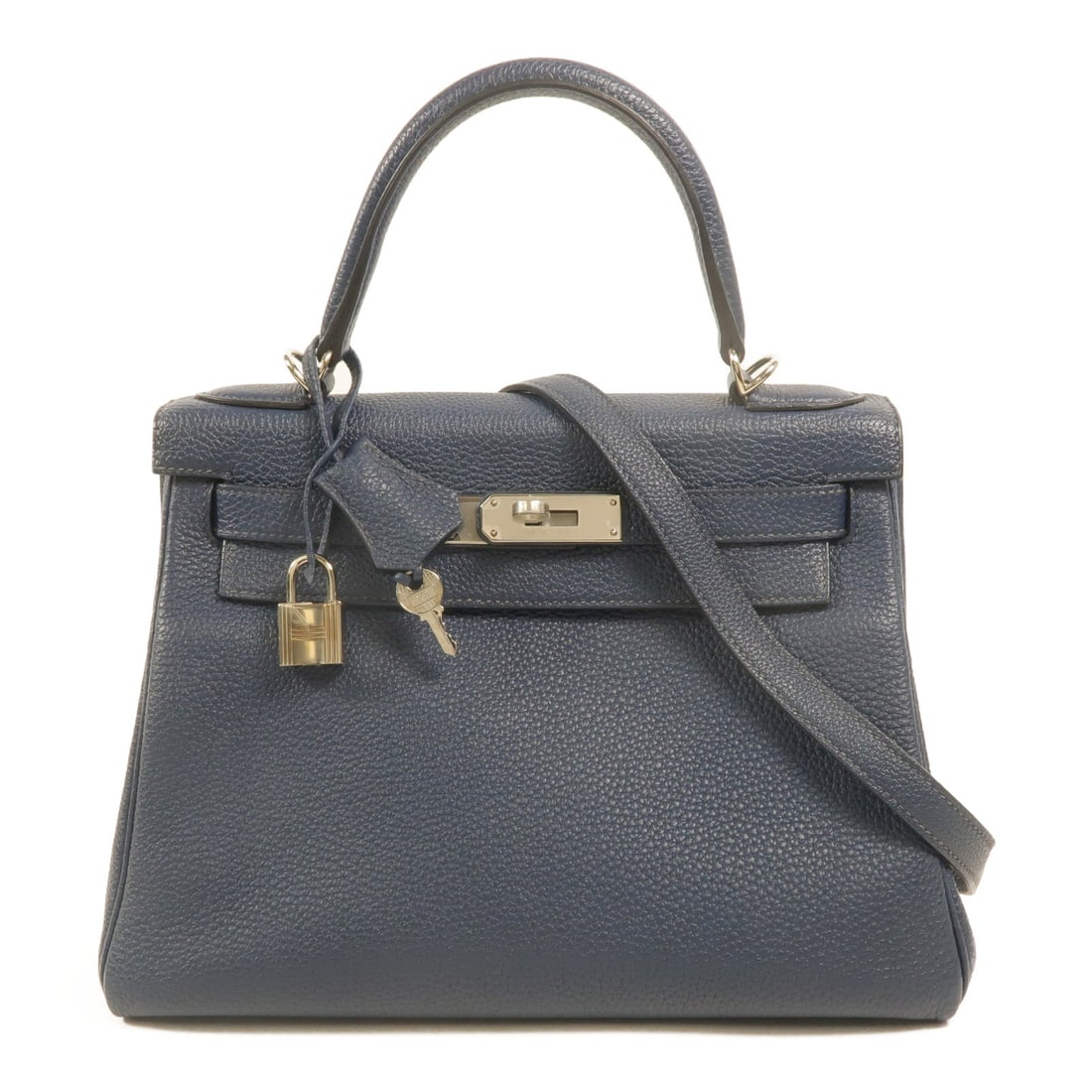 Hermes Kelly 28 Deep Blue: Deep blue Togo leather 2-way shoulder bag with palladium-tone hardware.