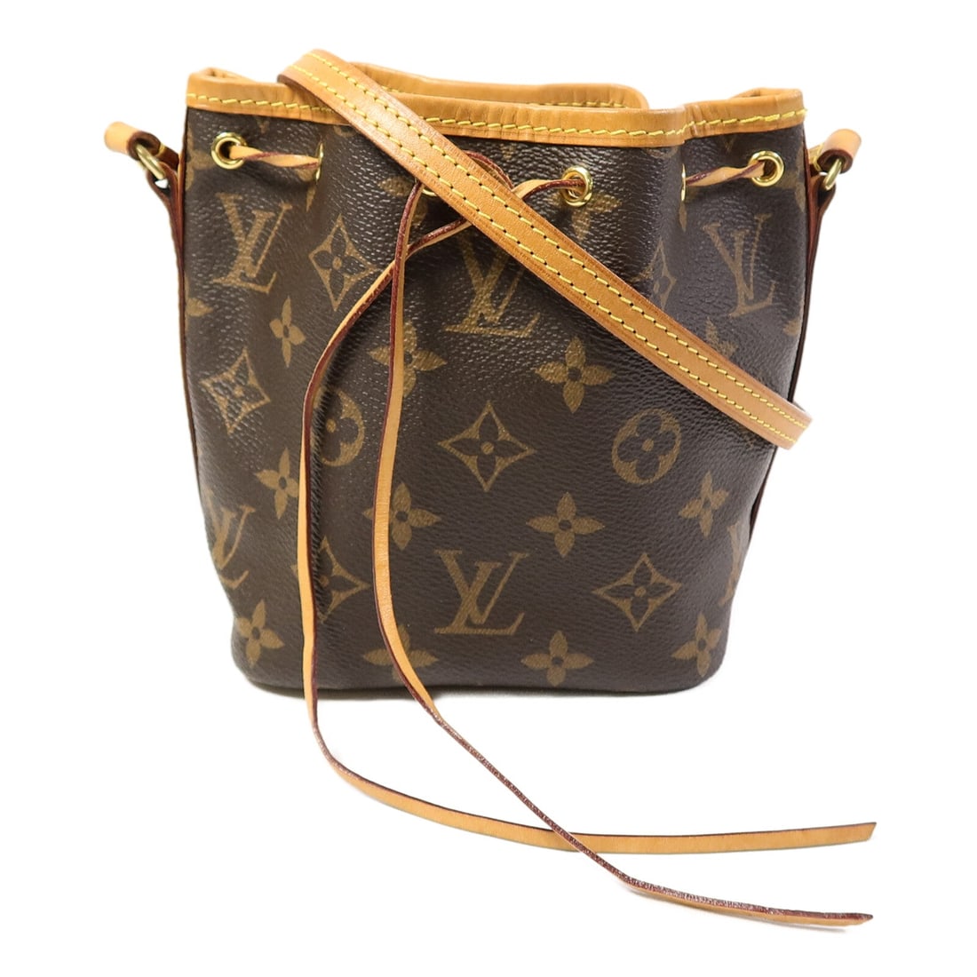 LV Nano Noe Monogram Brown: Nano Noe shoulder crossbody bag in brown Monogram canvas. Size 13 x 15 x 10 cm.