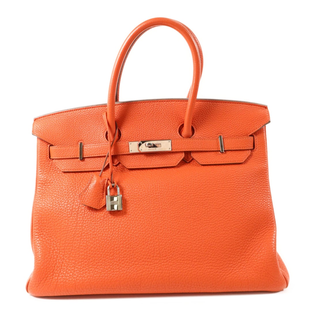 Hermes Birkin 35 Orange: Orange Clemence leather handbag with palladium-tone hardware.