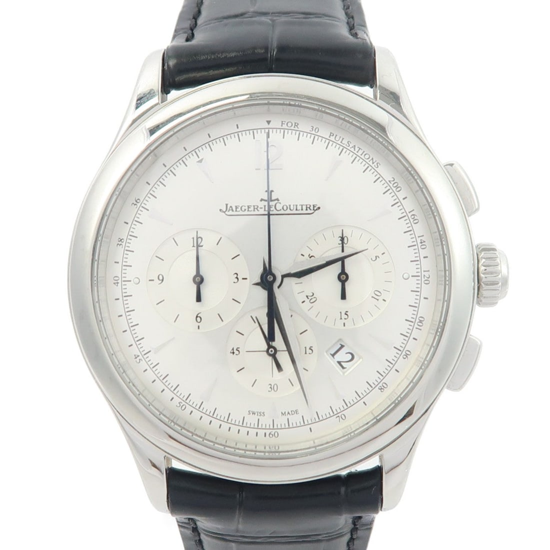 JLC Master Chronograph Q1538420: Master Chronograph Q1538420 in stainless steel with crocodile leather belt and silver dial. Case 39mm, wrist 15-20cm, band 17-21mm. Includes guarantee.
