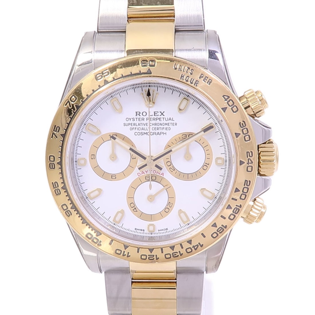 Rolex Daytona 116503 Steel Gold White: Automatic Daytona 116503 in 18K yellow gold and stainless steel with white dial. Case 40mm. Max wrist 17.5cm. Band width 15-20mm. Includes guarantee.