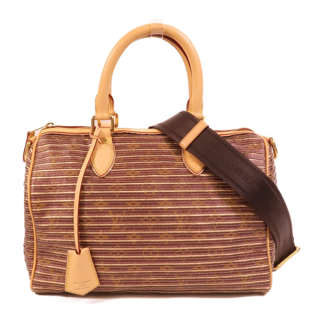 LV Speedy Bandouliere 30 Eden: Speedy Bandouliere 30 2 way shoulder bag in brown coated canvas. Includes shoulder strap, clochette, key, and padlock. Size 30 x 20 x 17 cm.