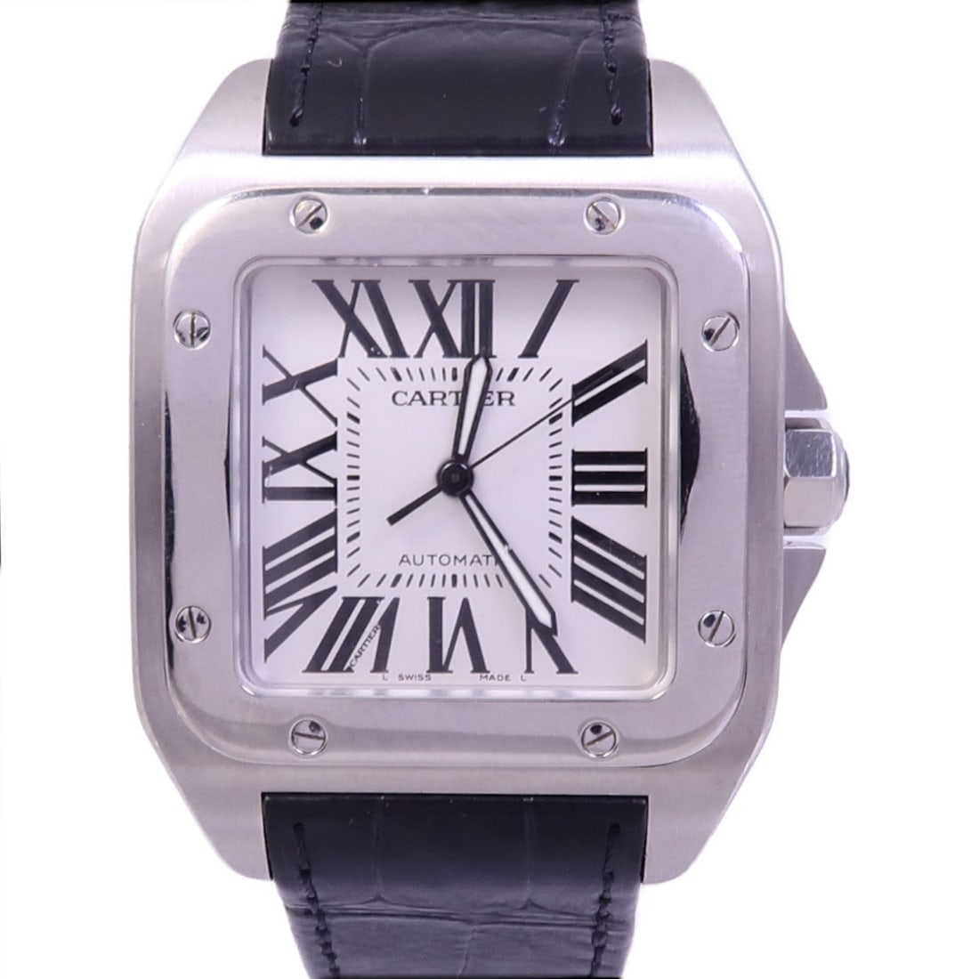 Cartier Santos 100 W20073X8 Auto White: Automatic Santos 100 W20073X8 in stainless steel with white dial. Case 50x38mm, max wrist 17cm, band 20mm.