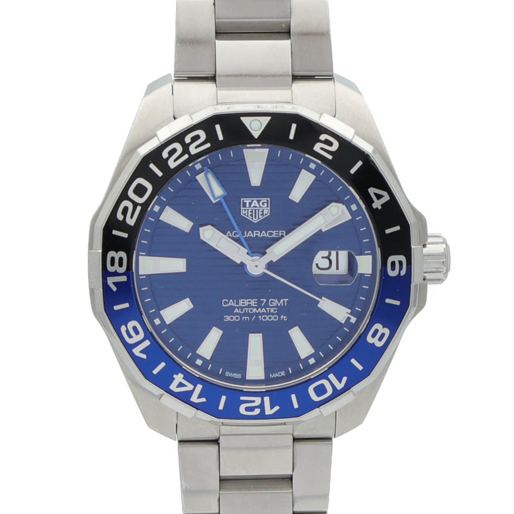 TAG Heuer Aquaracer WAY20IT Auto Blue: Automatic Aquaracer WAY20IT in stainless steel with blue dial. Case 43mm, max wrist 17cm, band 18-20mm.
