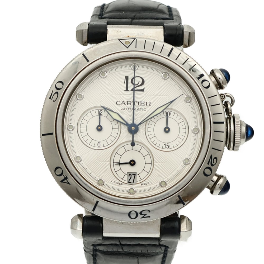 Cartier Pasha Chronograph W3103055 White: Pasha Chronograph W3103055 in stainless steel with white dial. Case 38mm, max wrist 14.5cm.